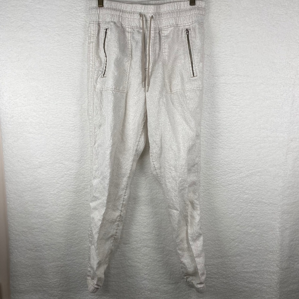 Athleta Cabo Linen Jogger Pants Beige Animal Print Size 8‎ Tall Zip Pockets